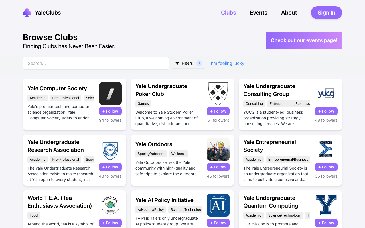 Screenshot of YaleClubs